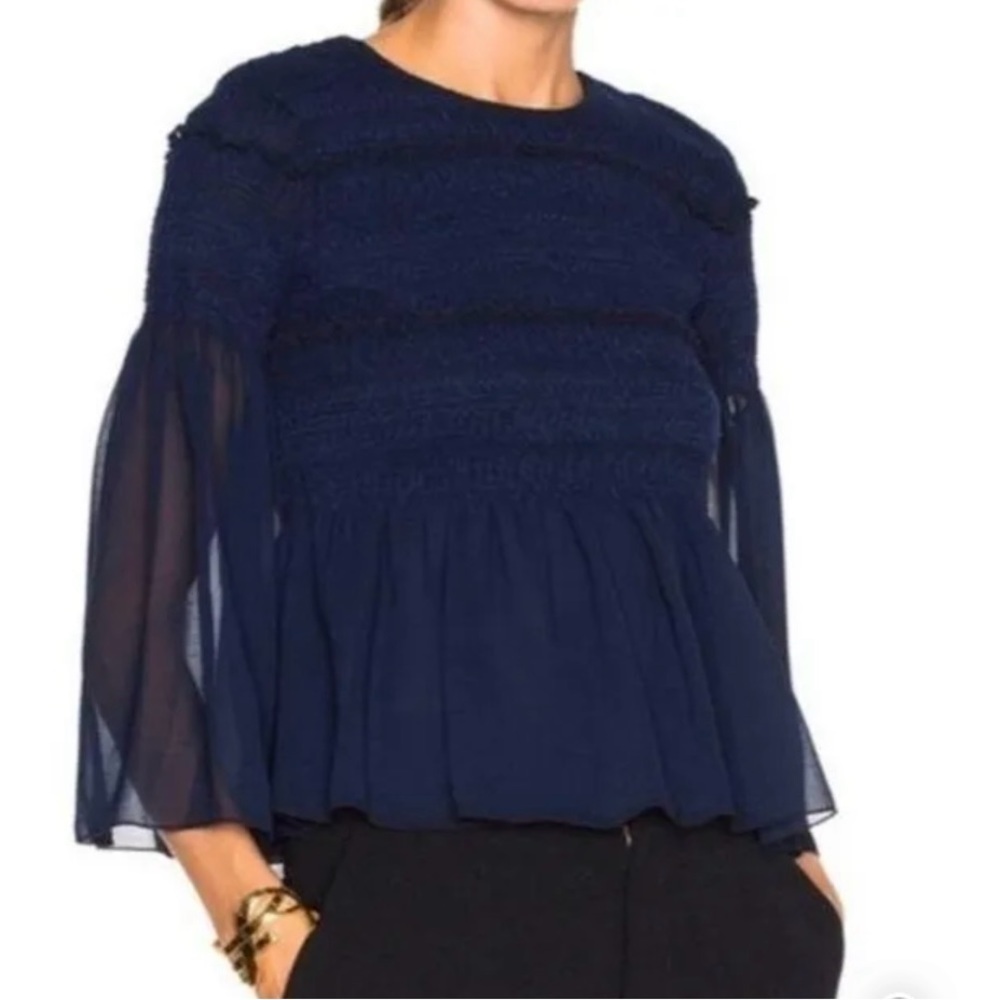See by Chloe|Sheer Sleeve Peplum Ruffle, Slightly Cropped Top•••Navy, Size small